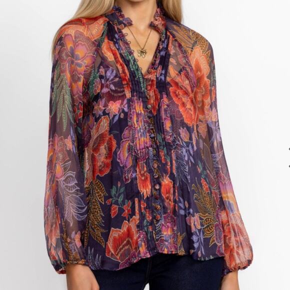 Johnny Was Octavia Blouse Etta’s Garden 100% silk Sheer Floral Small - Picture 1 of 14